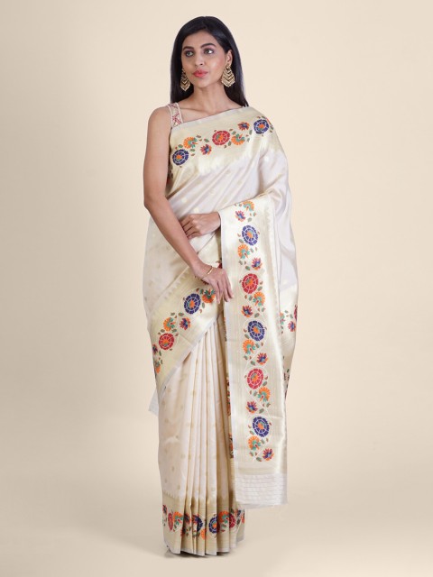 

Hastakala Cream-Coloured & Red Silk Blend Printed Banarasi Saree