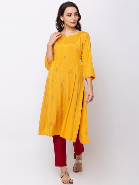 

Ethnicity Women Mustard & Gold-Toned Embroidered A-Line Kurta