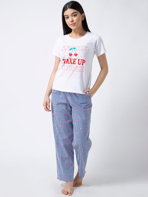 

ADORENITE Women White & Blue Printed Night suit