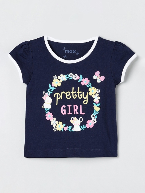 

max Girls Navy Blue & Pink Printed Round Neck T-shirt
