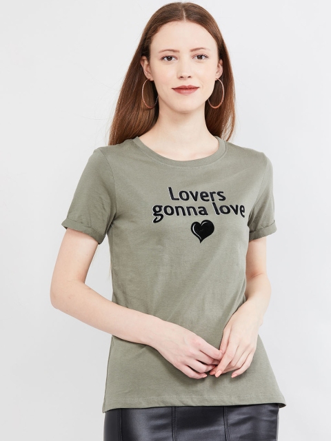 

max Women Olive Green Printed Round Neck T-shirt