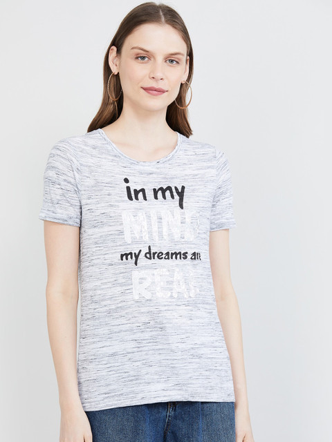 

max Women Grey Printed Round Neck T-shirt
