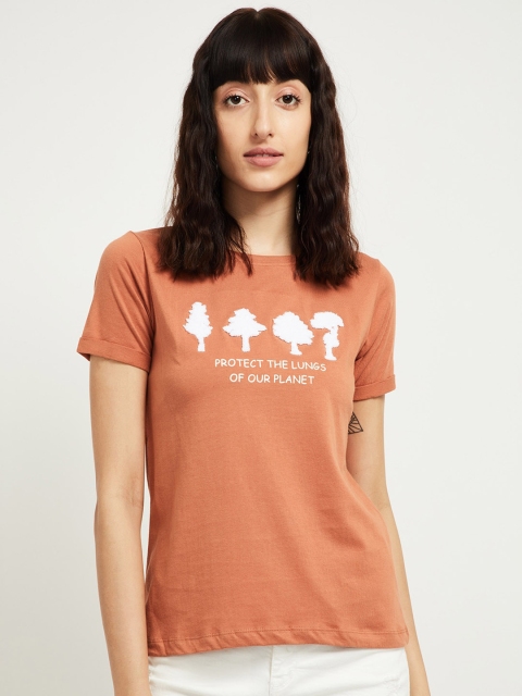 

max Women Rust Printed Round Neck T-shirt