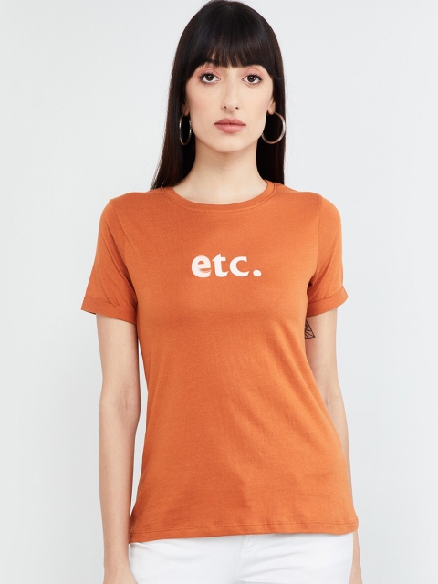 

max Women Brown Printed Round Neck T-shirt