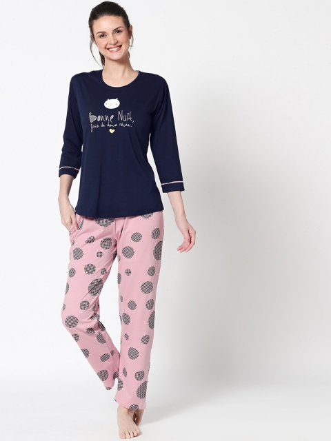 

Zeyo Women Navy Blue & Pink Printed Night suit