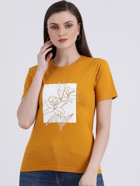 

Zink London Women Mustard Yellow Printed Round Neck Pure Cotton T-shirt