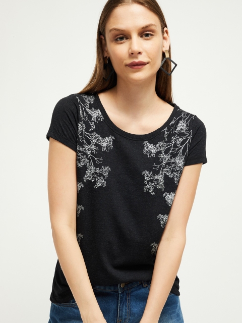 

max Women Grey Melange Printed Round Neck T-shirt