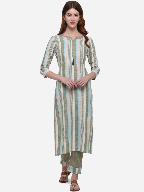 

Kvsfab Women Olive Green & White Striped Kurta with Trousers
