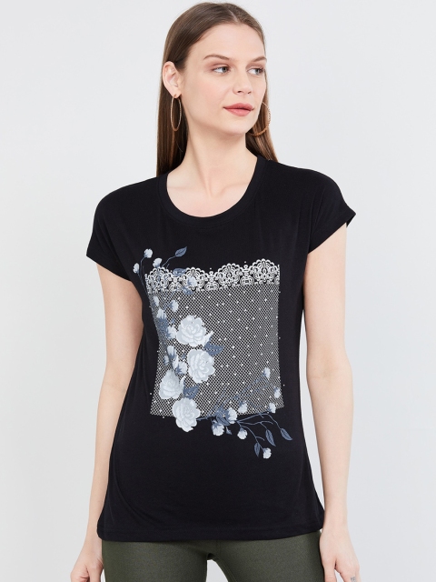 

max Women Black Printed Round Neck T-shirt
