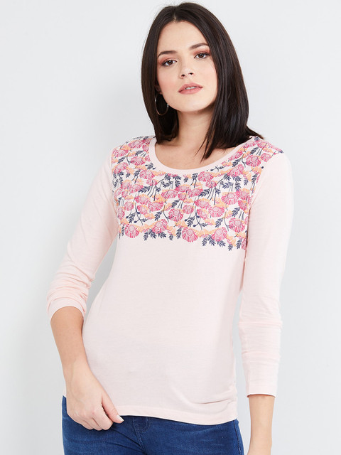 

max Women Pink Floral Printed Round Neck T-shirt