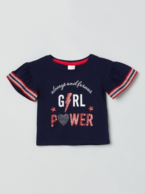 

max Girls Navy Blue Printed Round Neck Pure Cotton T-shirt