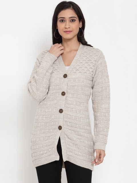 

Kalt Women Beige Self Design Cardigan Longline Sweater