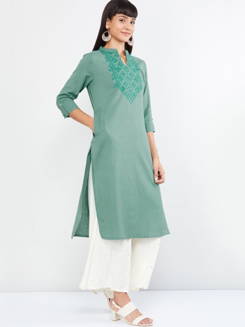 

max Women Green Woven Design Straight Kurta