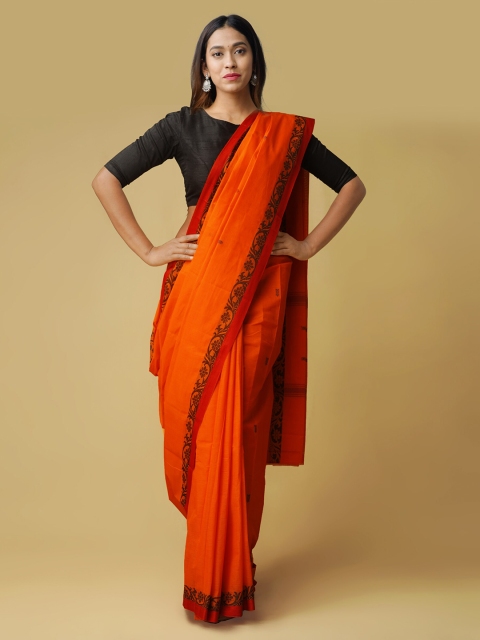 

Unnati Silks Orange Pure Cotton Solid Kanjeevaram Handloom Saree