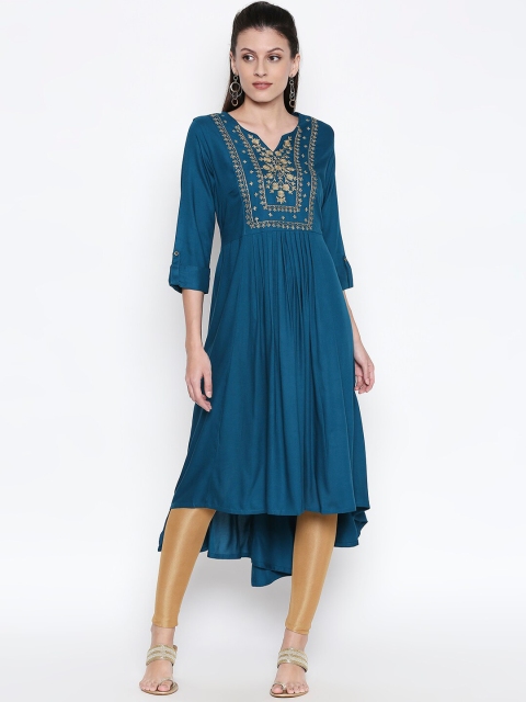 

RANGMANCH BY PANTALOONS Women Teal Blue & Gold-Coloured Yoke Design Anarkali Kurta