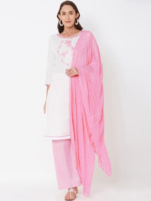 

Satrani White & Pink Pure Cotton Unstitched Dress Material