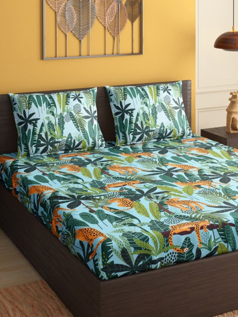 

PETAL HOME Blue & Green Floral 300 TC Cotton 1 Queen Bedsheet with 2 Pillow Covers