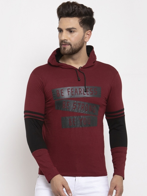 KATSO Men Maroon & Black Printed Round Neck Hooded T-shirt