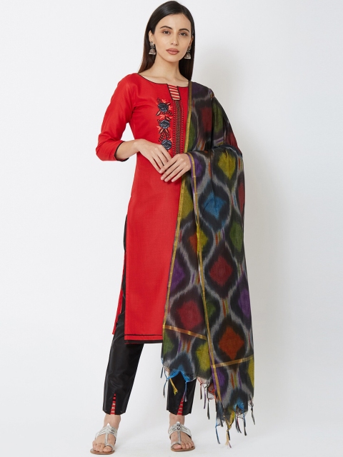 

Satrani Red & Black Pure Cotton Unstitched Dress Material