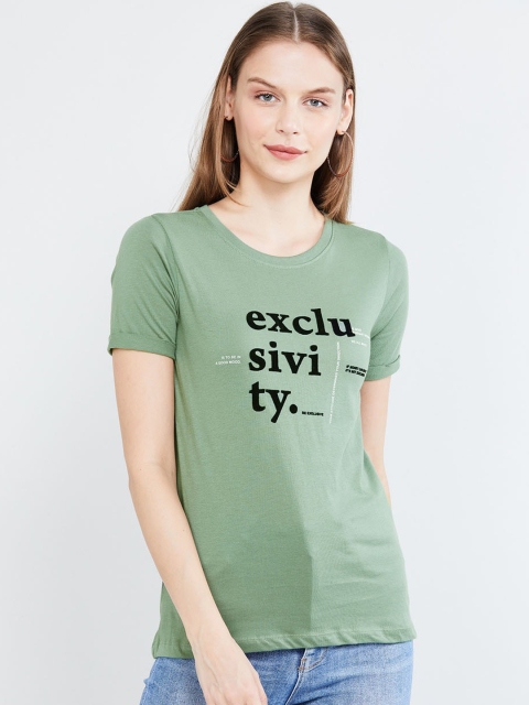 max Women Green Printed Round Neck T-shirt