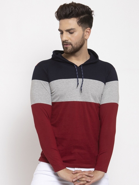 

KATSO Men Navy Blue Colourblocked Hooded Slim Fit T-shirt