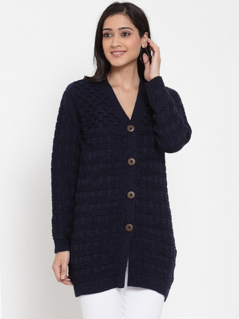 

Kalt Women Navy Blue Self Design Cardigan Sweater