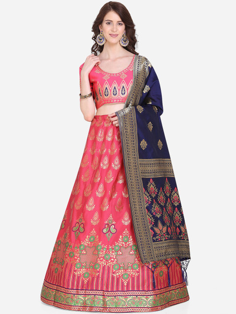 

Mitera Pink & Blue Woven Design Unstitched Lehenga & Blouse with Dupatta
