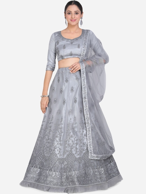 

Mitera Grey & Silver-Toned Embroidered Unstitched Lehenga & Blouse with Dupatta