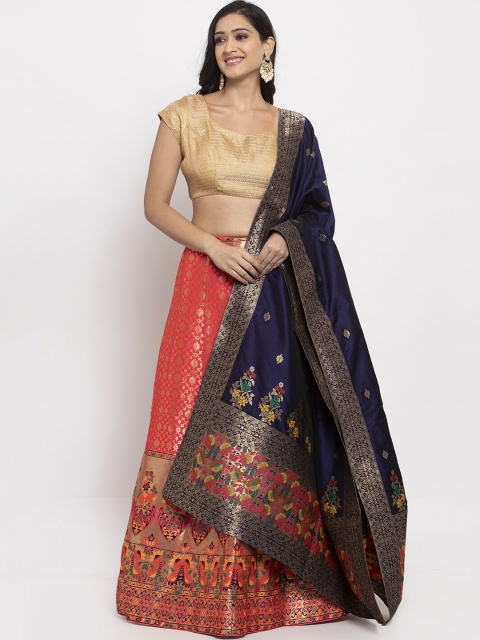 

PACHE Peach-Coloured & Black Woven Design Semi-Stitched Lehenga & Unstitched Blouse with Dupatta