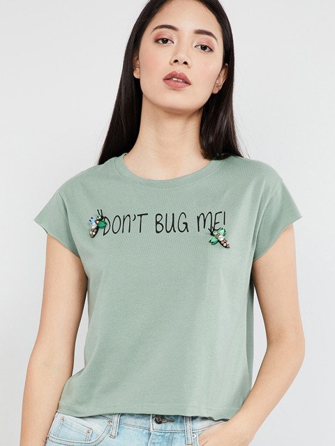 

max Women Olive Green Printed Round Neck T-shirt