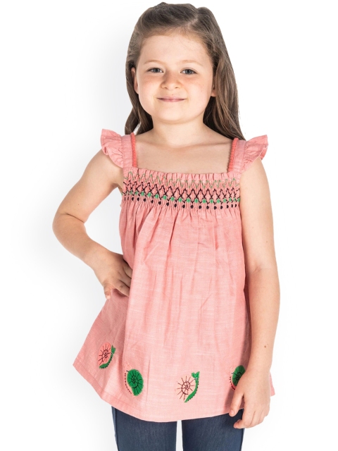 

Cherry Crumble Girls Peach-Coloured Embroidered A-Line Top