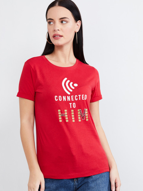 

max Women Red Printed Round Neck T-shirt