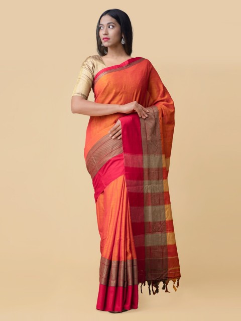 

Unnati Silks Orange & Beige Pure Cotton Solid Handloom Narayan Peth Saree