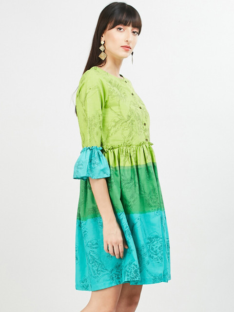 

max Women Lime Green Colourblocked Fit and Flare Dress
