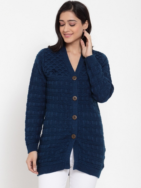 

Kalt Women Navy Blue Self Design Cardigan Sweater