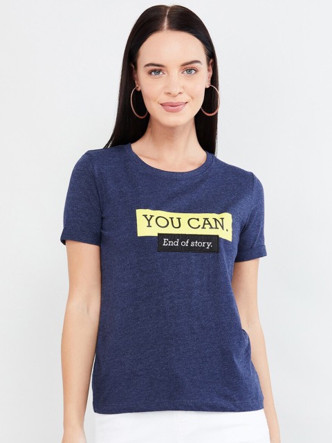 

max Women Blue Printed Round Neck T-shirt