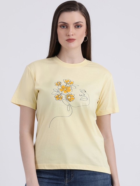 

Zink London Women Yellow Printed Round Neck Pure Cotton T-shirt