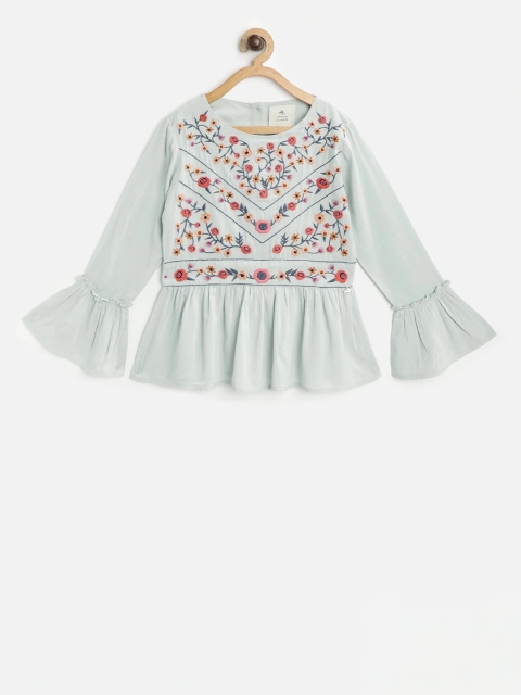 

Cherry Crumble Girls Green Self Design Peplum Top