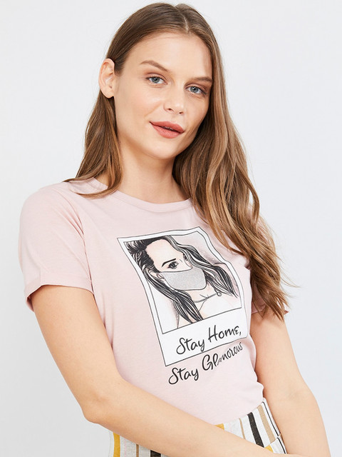 

max Women Pink Printed Round Neck T-shirt
