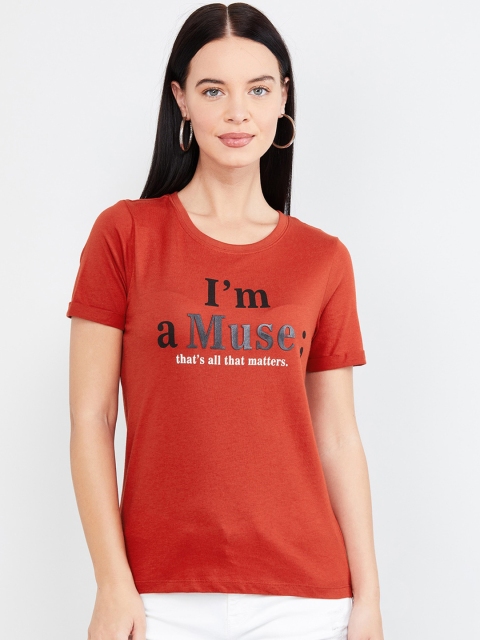 

max Women Red Printed Round Neck T-shirt