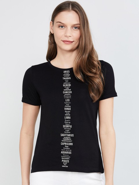 

max Women Black Printed Round Neck T-shirt