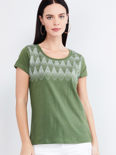 

max Women Green Printed Round Neck T-shirt