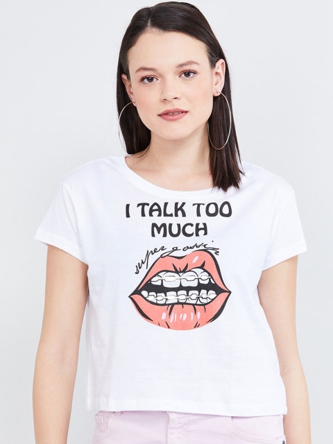 

max Women White Printed Round Neck T-shirt