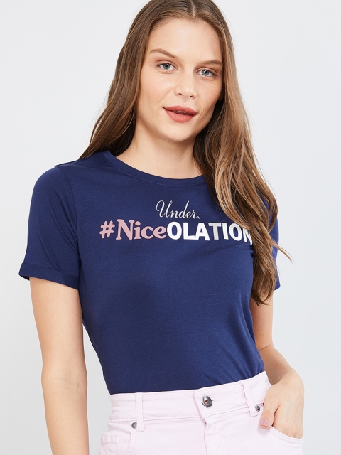 

max Women Navy Blue Printed Round Neck T-shirt