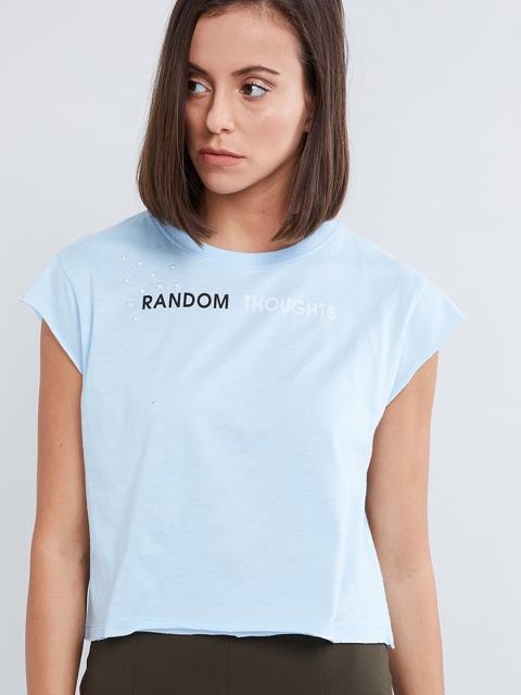 

max Women Blue Solid V-Neck T-shirt