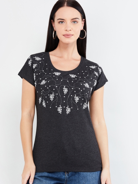 

max Women Charcoal Printed Round Neck T-shirt