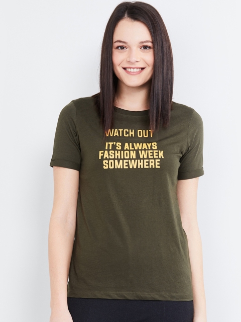 

max Women Olive Green Printed Round Neck T-shirt