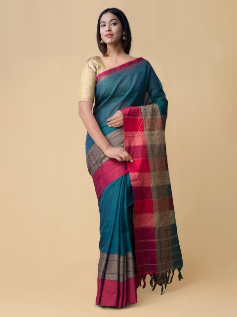 

Unnati Silks Green & Pink Pure Cotton Woven Design Narayan Peth Saree