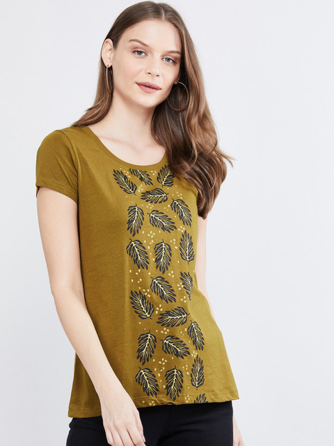 

max Women Olive Green Printed Round Neck T-shirt
