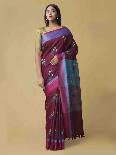 

Unnati Silks Maroon & Blue Pure Linen Woven Design Saree